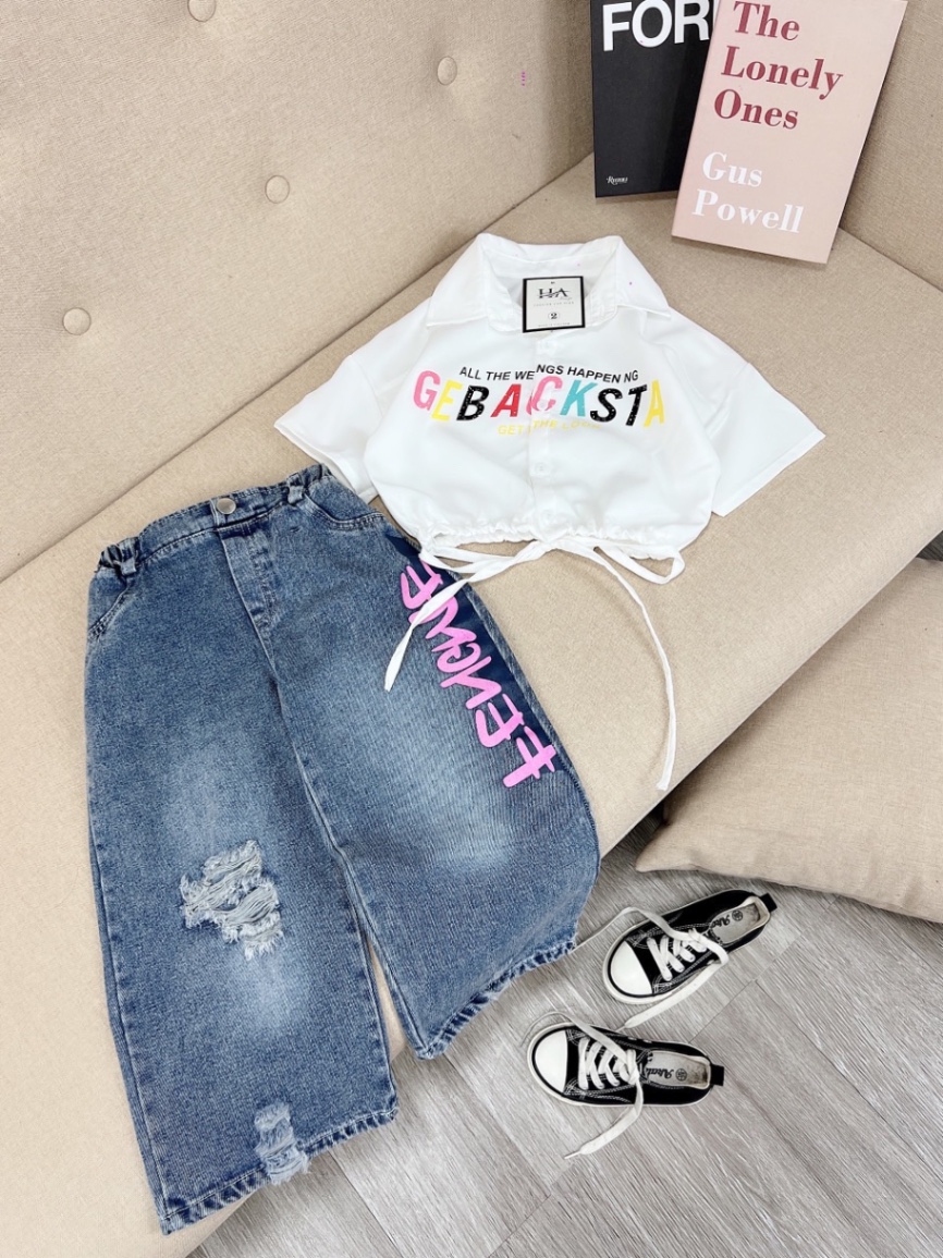 Bg671-bộ áo sơ mi croptop quần bò xuông bé gái