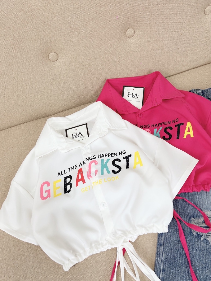 Bg671-bộ áo sơ mi croptop quần bò xuông bé gái
