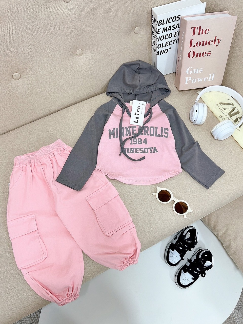 bộ minea hồng rêu quần hộp cho bé