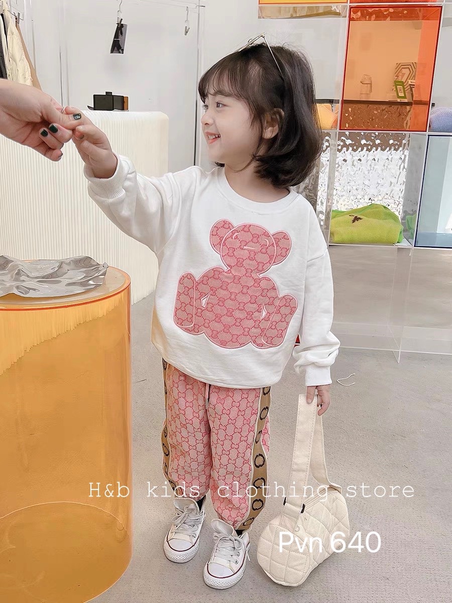 Bg701- bộ áo gấu thêu đắp quần bo ống cho bé