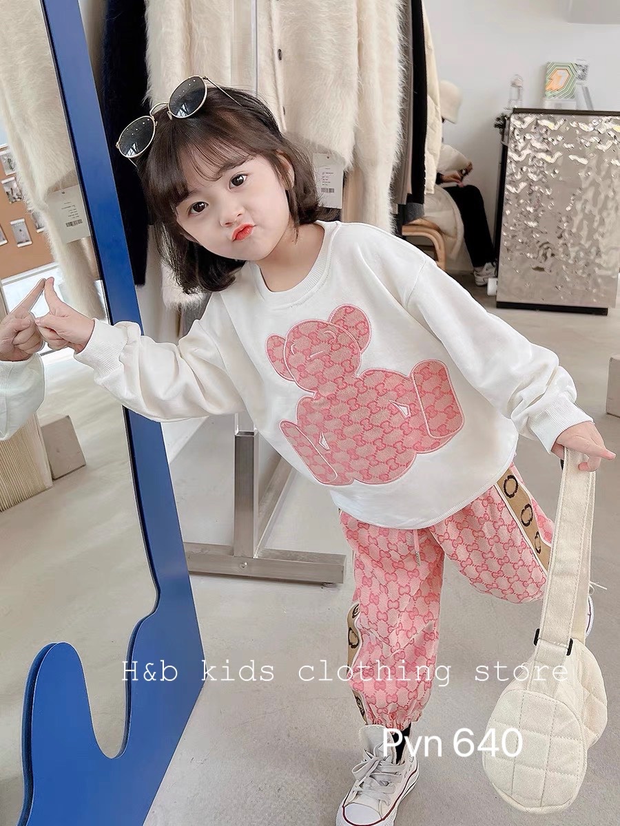 Bg701- bộ áo gấu thêu đắp quần bo ống cho bé