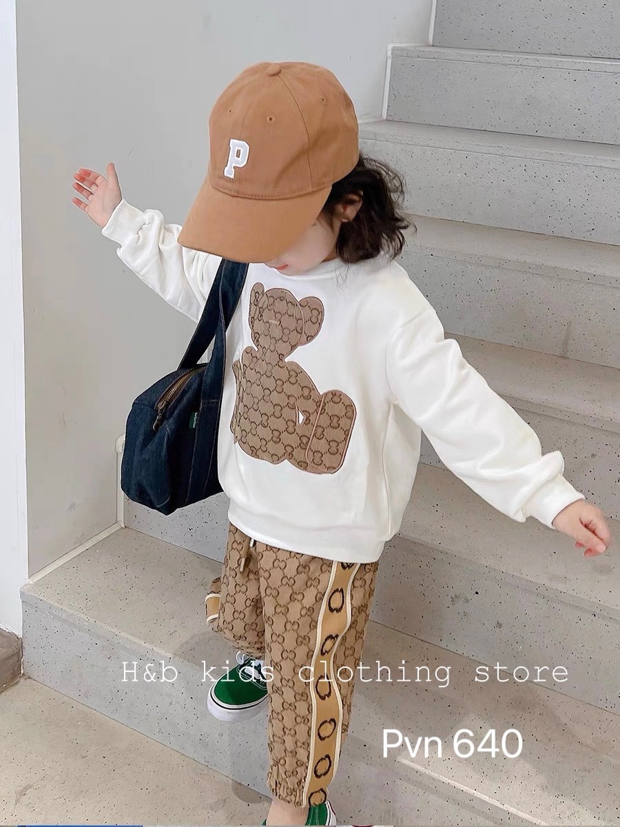 Bg701- bộ áo gấu thêu đắp quần bo ống cho bé