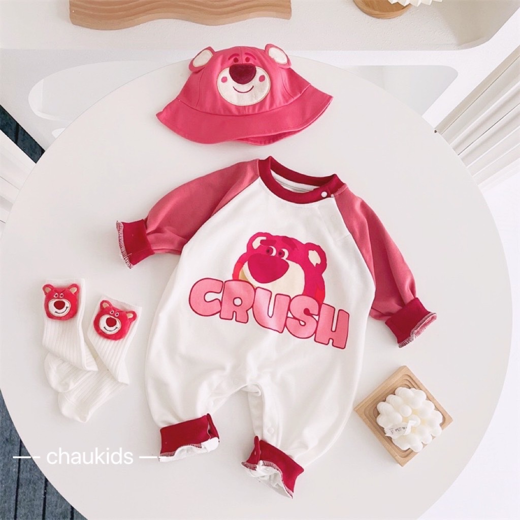 Body gấu dâu kèm mũ cho bé