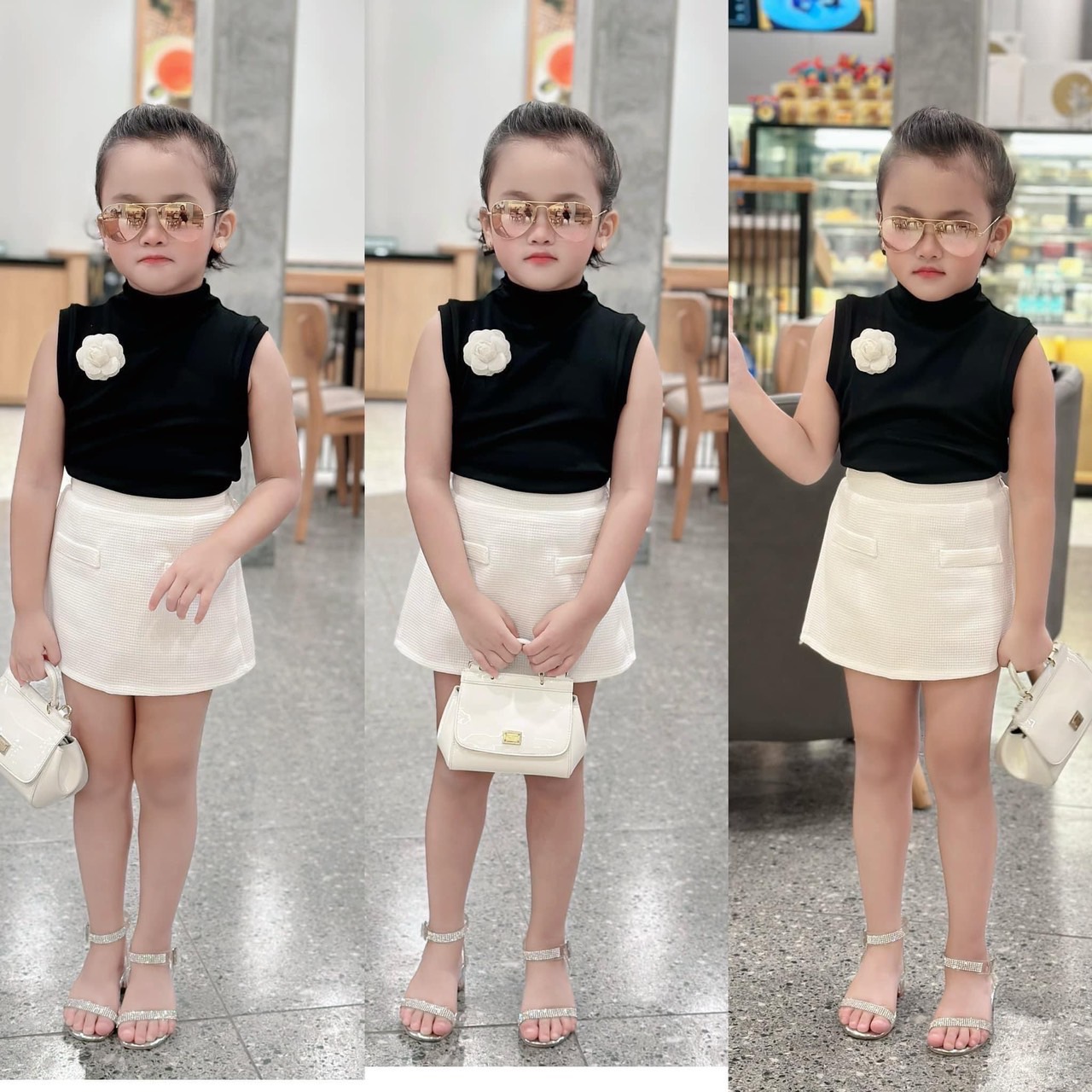 Sét bộ áo đen cài hoa cv trắng cho bé gái