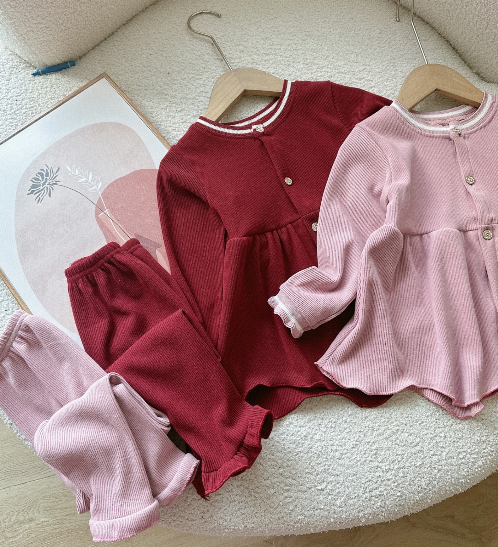 Sét bộ nhung tăm babydoll đỏ hồng cho bé