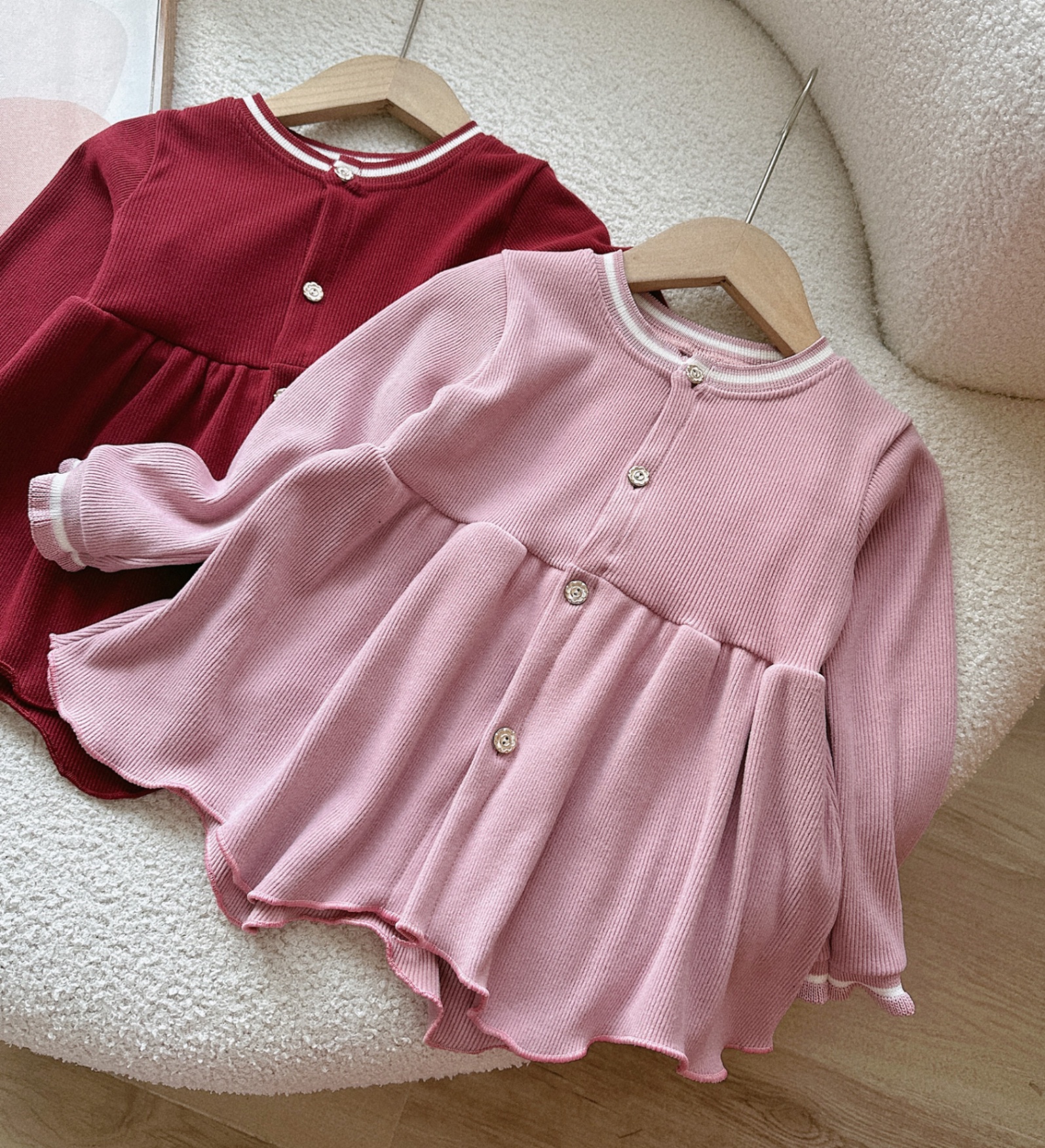 Sét bộ nhung tăm babydoll đỏ hồng cho bé