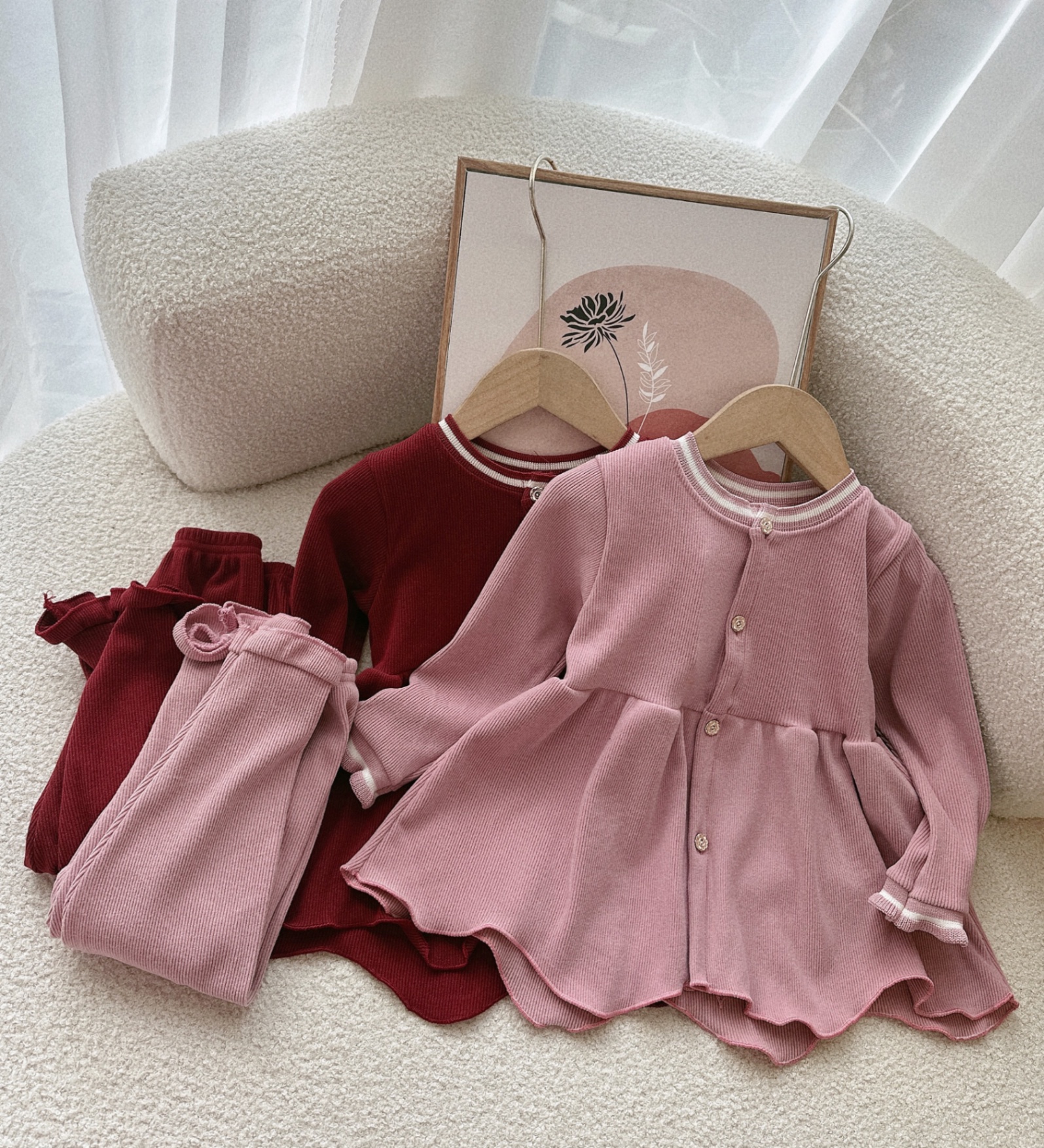 Sét bộ nhung tăm babydoll đỏ hồng cho bé