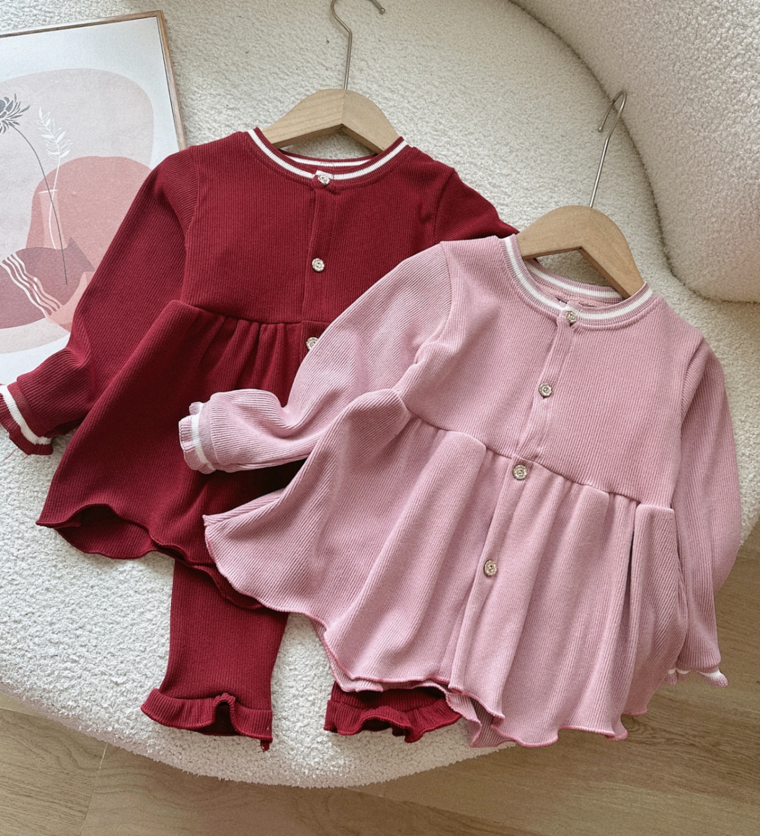 Sét bộ nhung tăm babydoll đỏ hồng cho bé