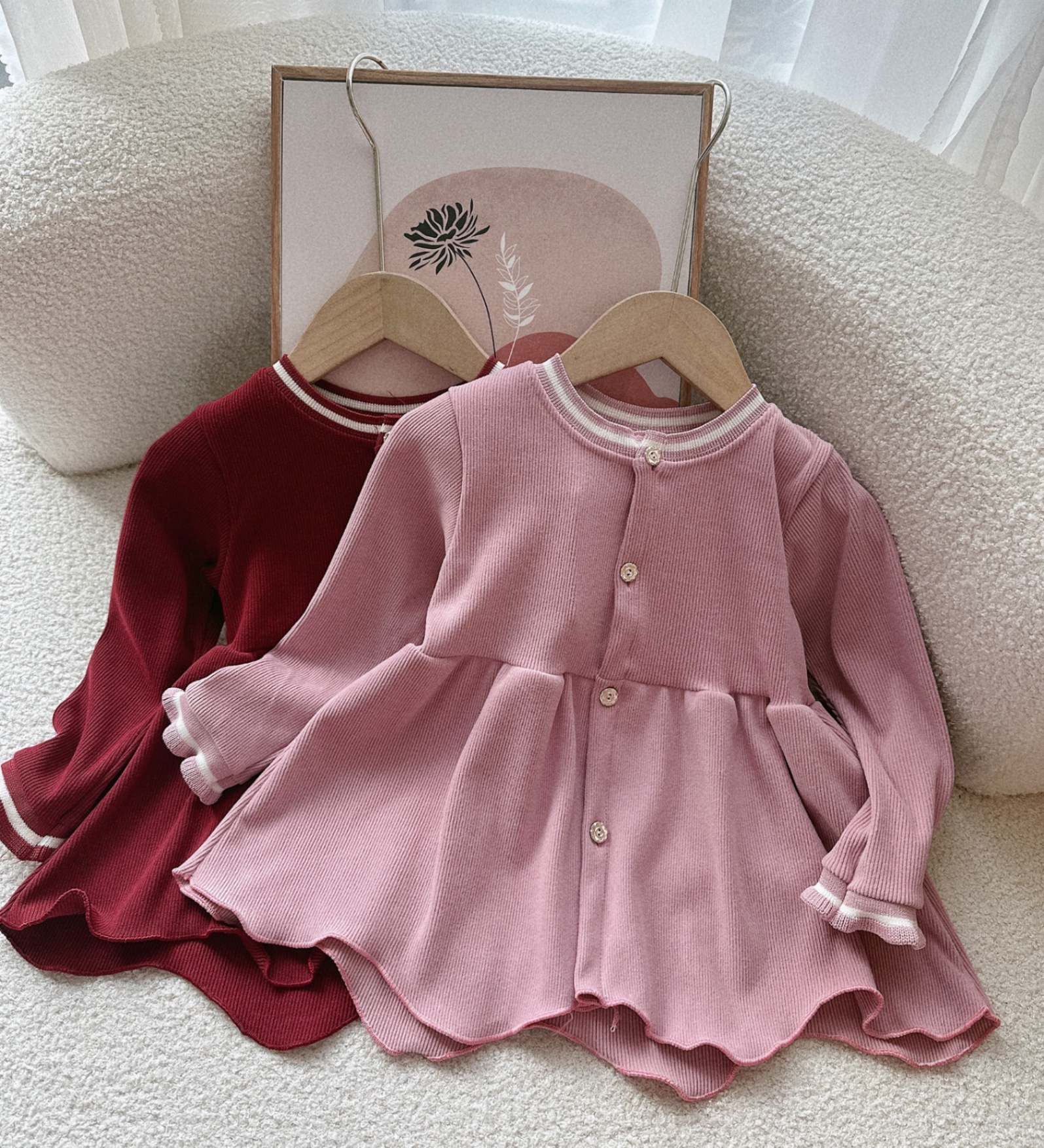 Sét bộ nhung tăm babydoll đỏ hồng cho bé