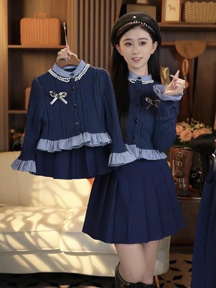 (Sn)sét bộ len xanh than cv xếp ly cho bé