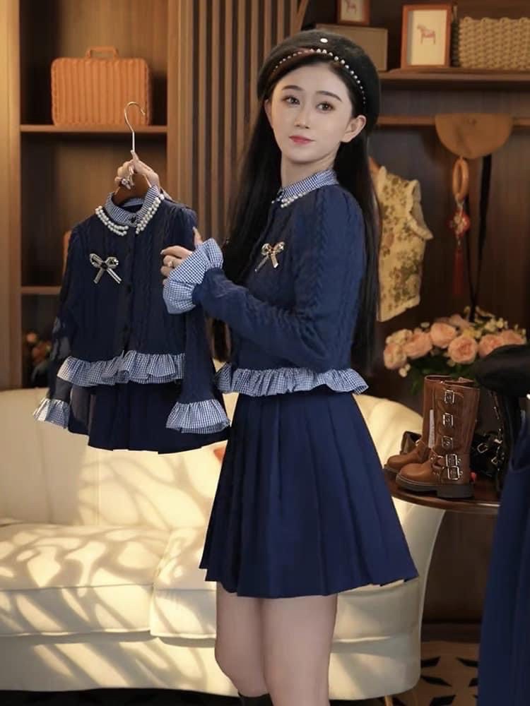 (Sn)sét bộ len xanh than cv xếp ly cho bé