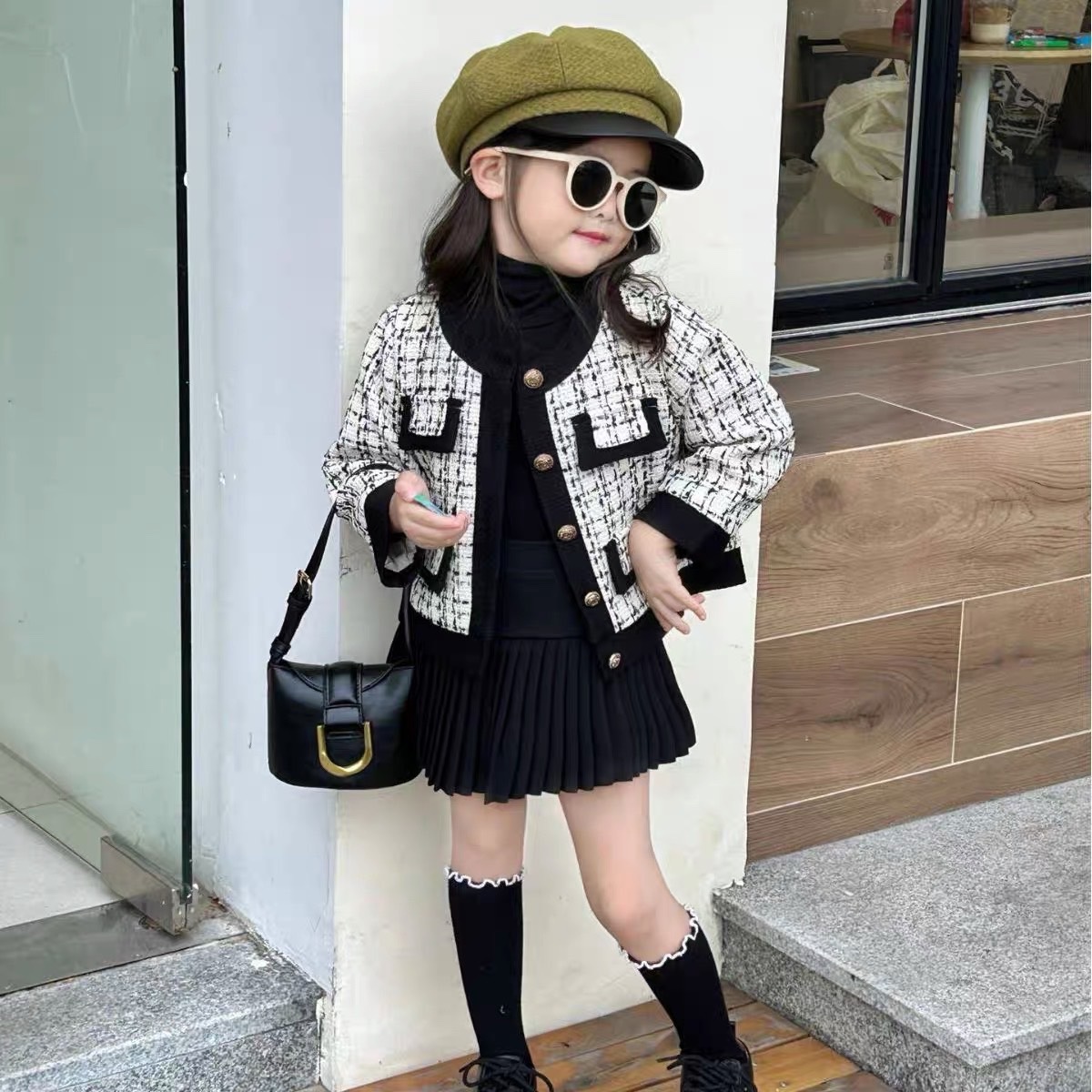 Bg800- sét 3 chi tiết dạ mk cv xếp ly đen cho bé