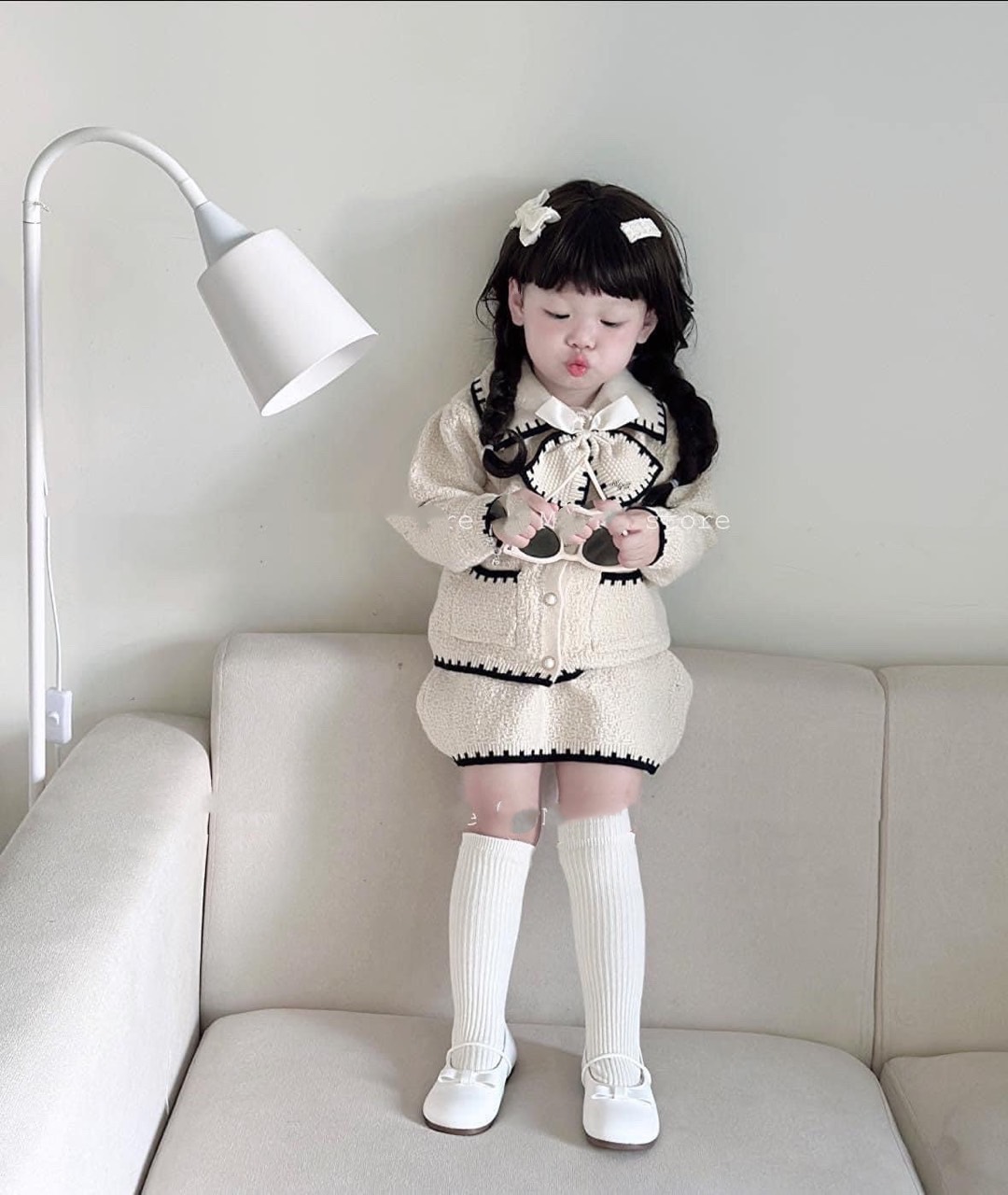 Bg801 - sét dạ trắng kem nơ đẹp cho bé