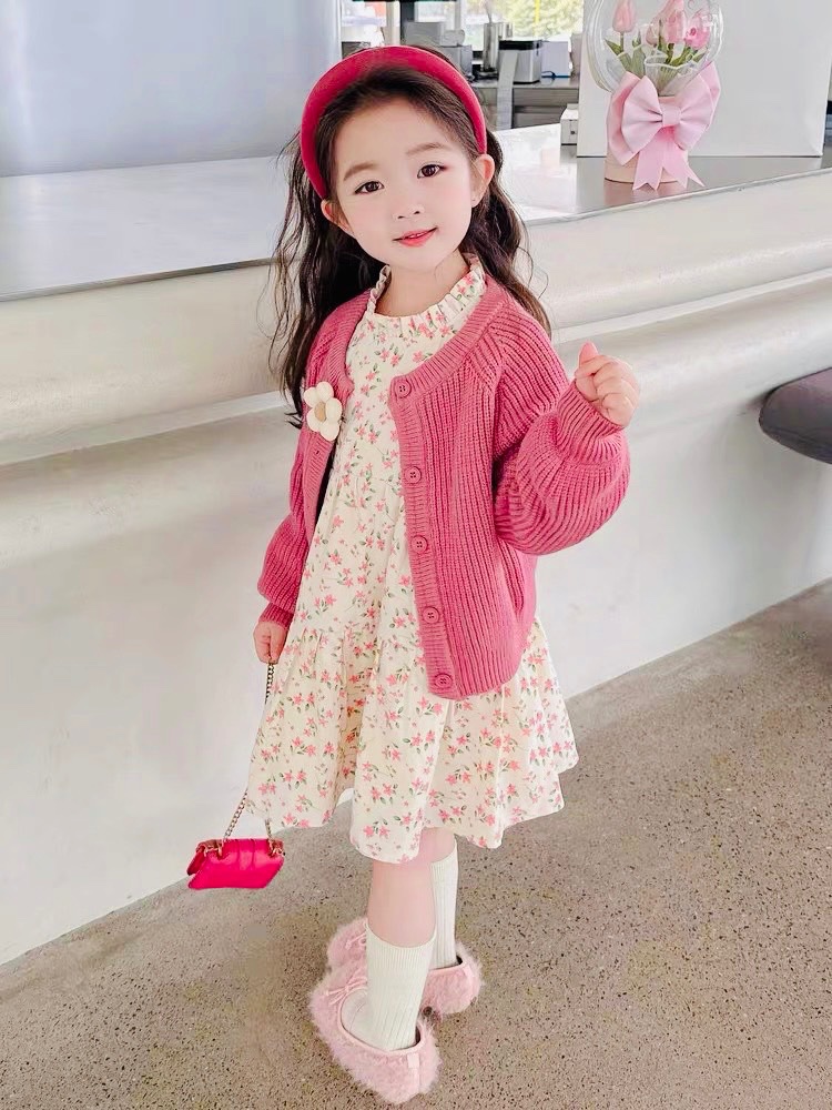 Bg810- sét áo khoác ngoài kèm váy hoa màu hồng bé gái