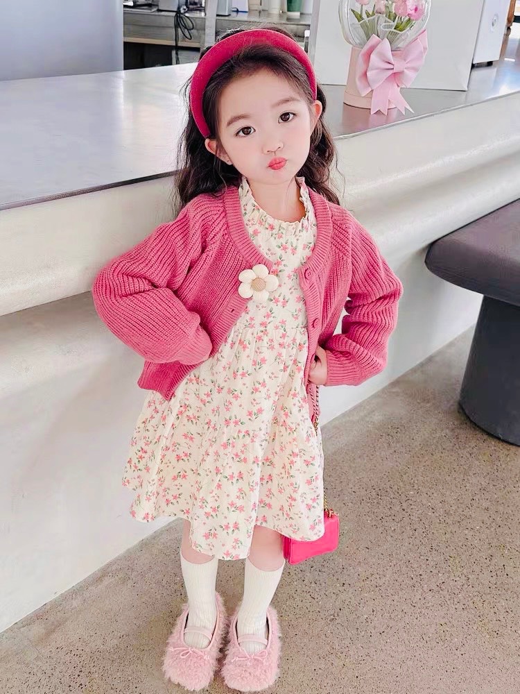 Bg810- sét áo khoác ngoài kèm váy hoa màu hồng bé gái