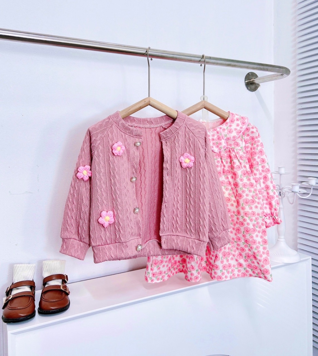 Bg833- áo len hồng đính hoa kèm váy babydoll hoa bé gái
