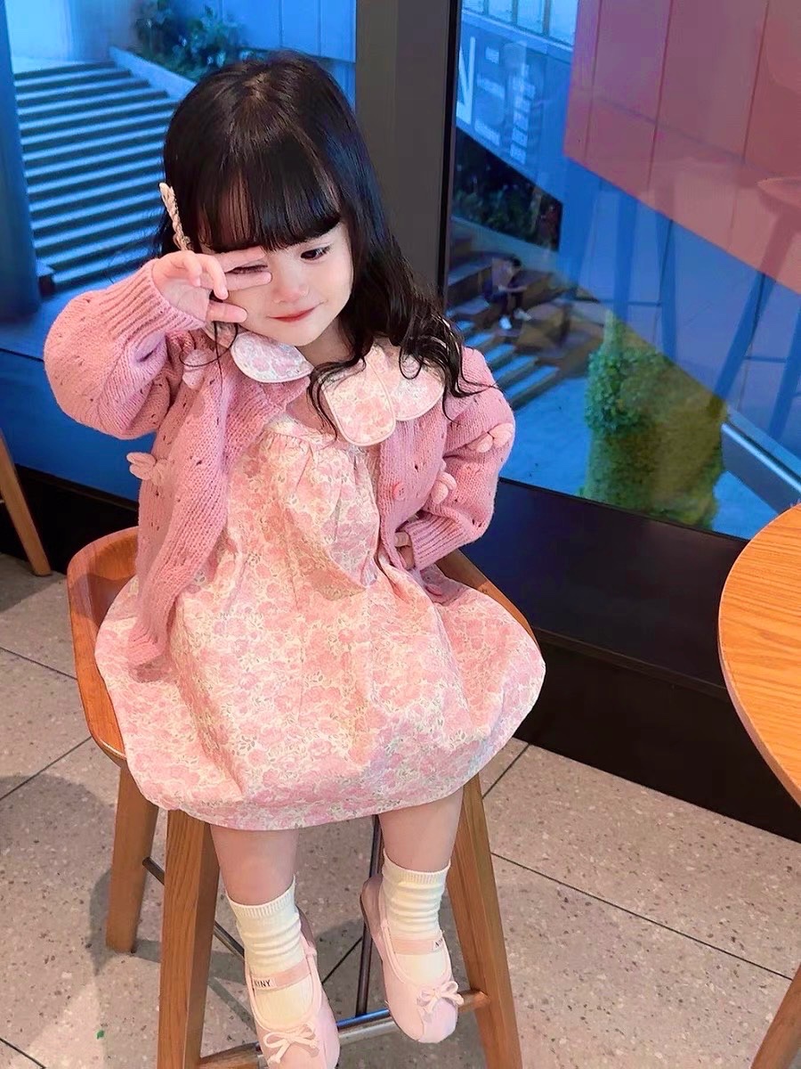 Bg833- áo len hồng đính hoa kèm váy babydoll hoa bé gái