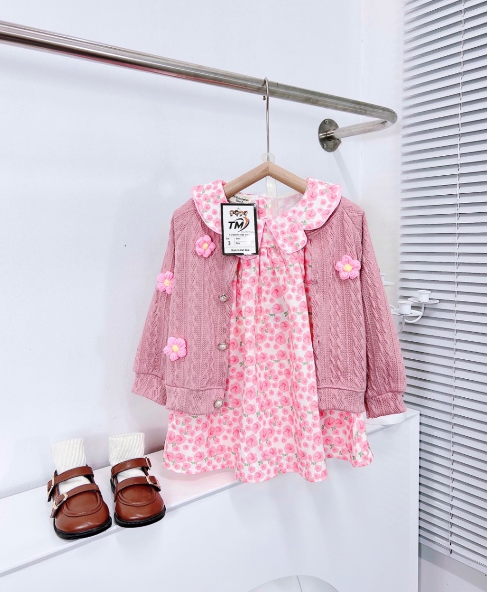 Bg833- áo len hồng đính hoa kèm váy babydoll hoa bé gái