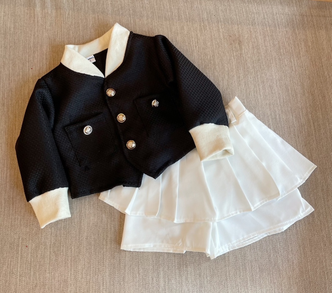 Bg838- sét áo dạ đen crop quần giả váy cho bé
