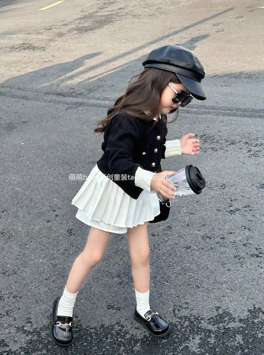 Bg838- sét áo dạ đen crop quần giả váy cho bé