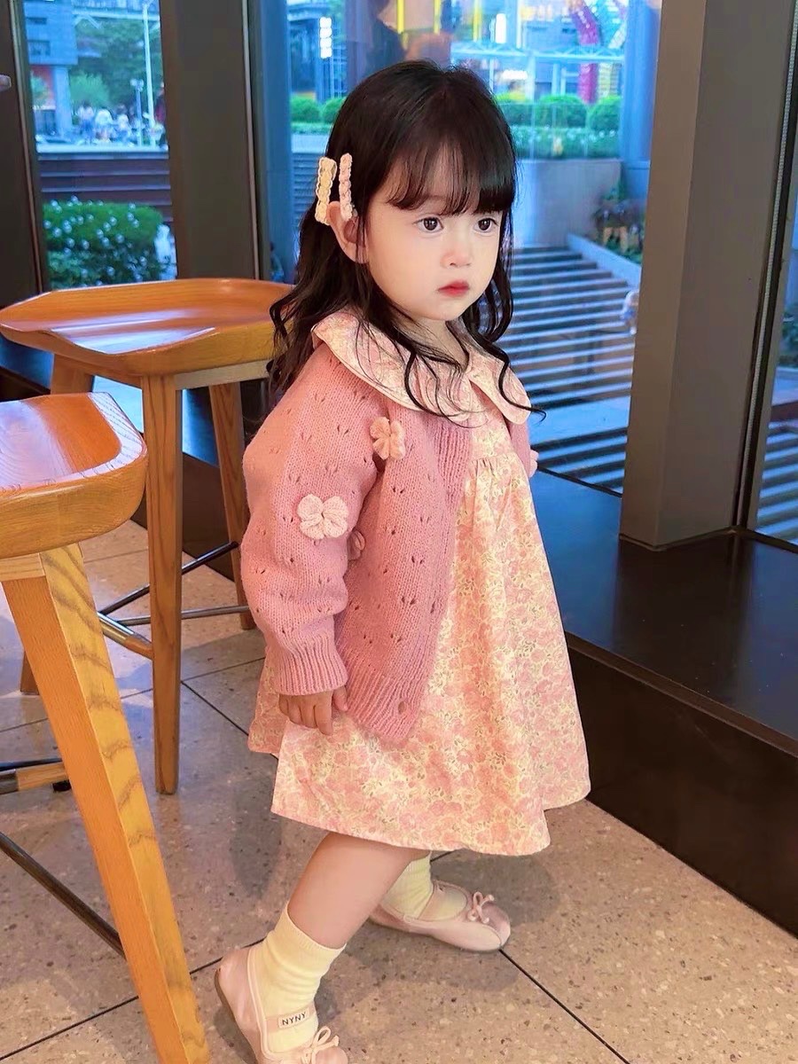 Bg833- áo len hồng đính hoa kèm váy babydoll hoa bé gái