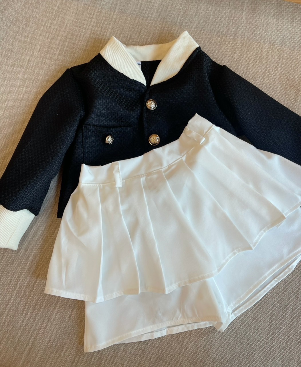 Bg838- sét áo dạ đen crop quần giả váy cho bé