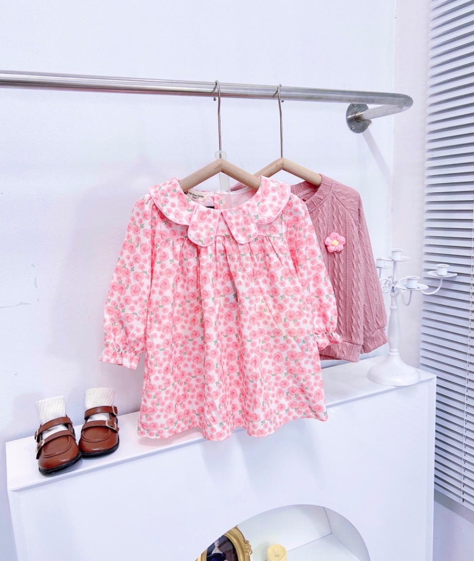 Bg833- áo len hồng đính hoa kèm váy babydoll hoa bé gái