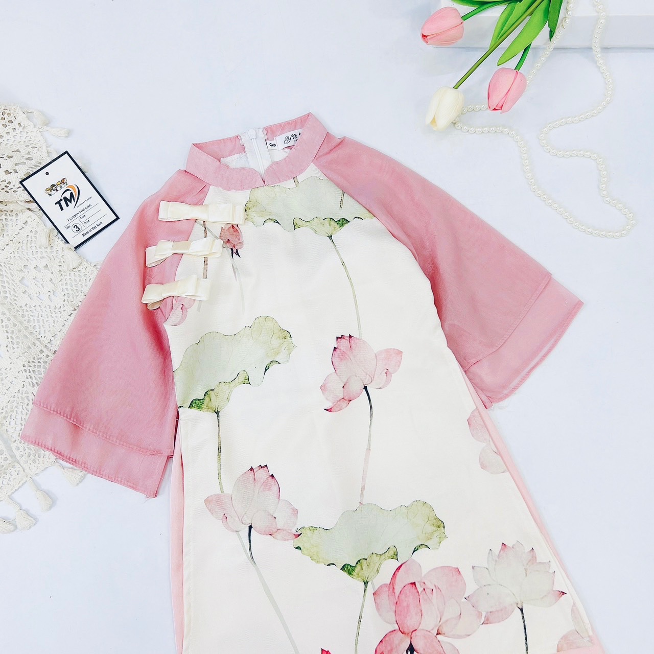 Bg847- bộ áo dài hoa sen tm cho bé (không mấn)