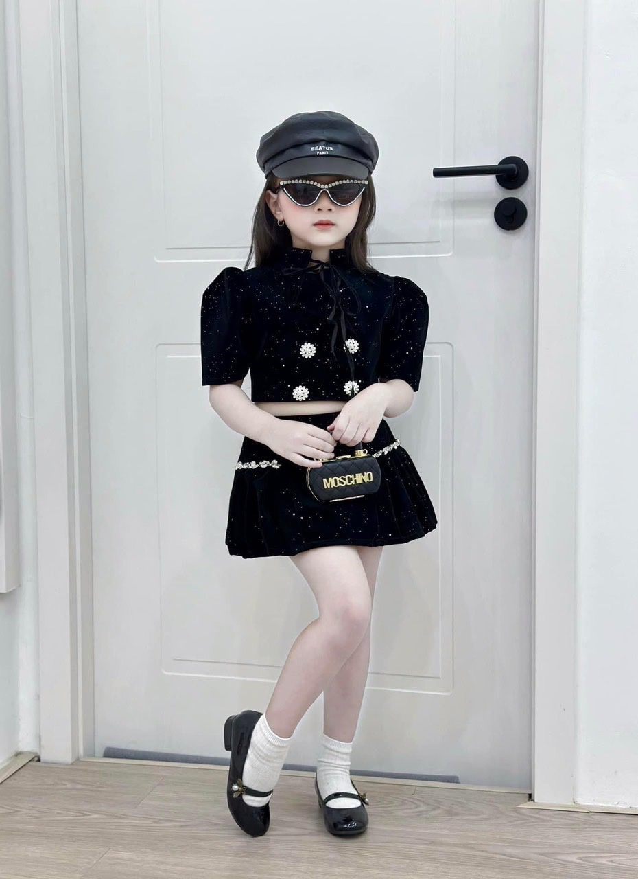Bg857- sét bộ nhung đen croptop cho bé