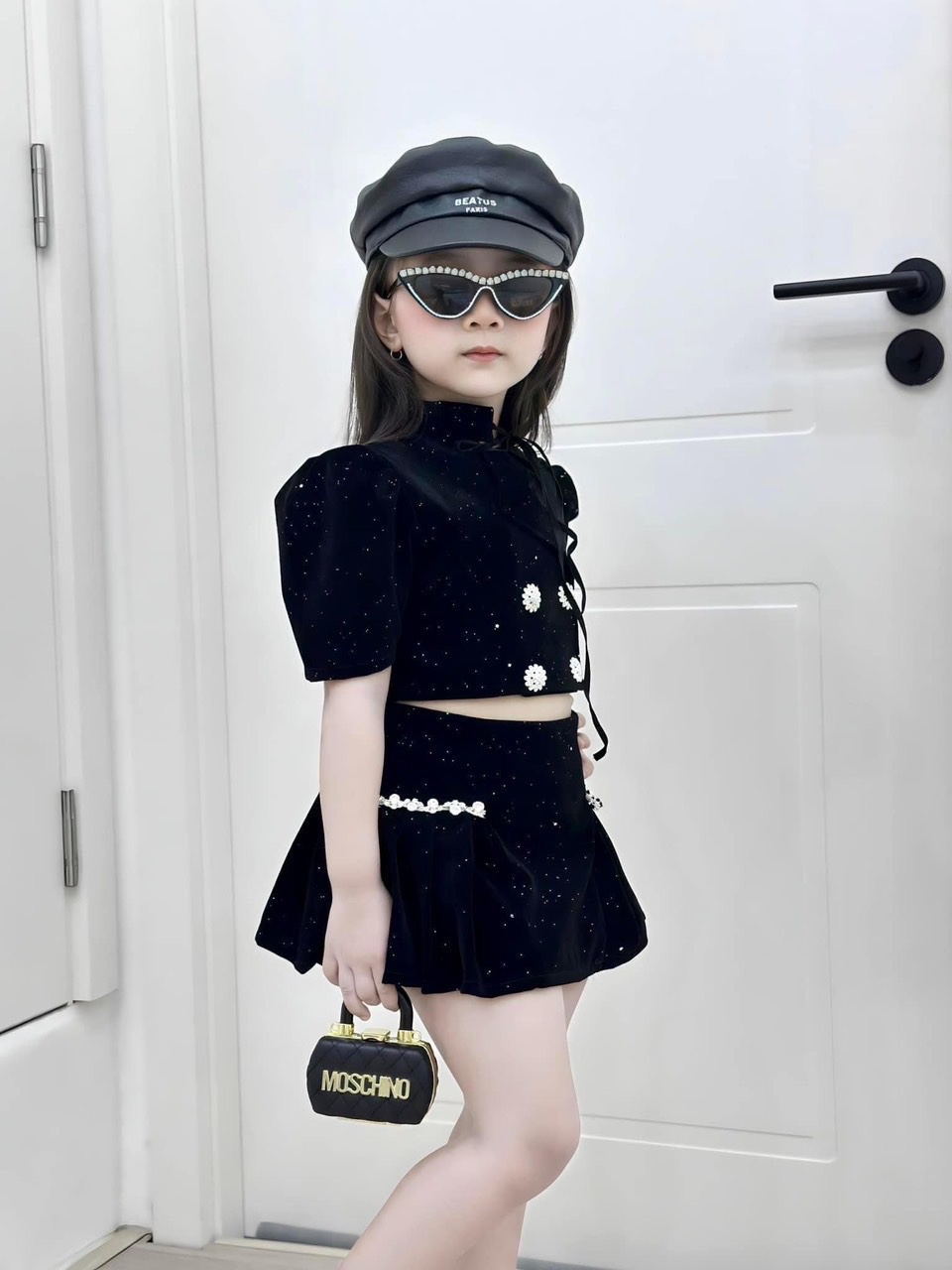 Bg857- sét bộ nhung đen croptop cho bé