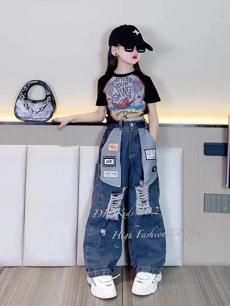 Bộ áo your swing quần bò rách cho bé gái