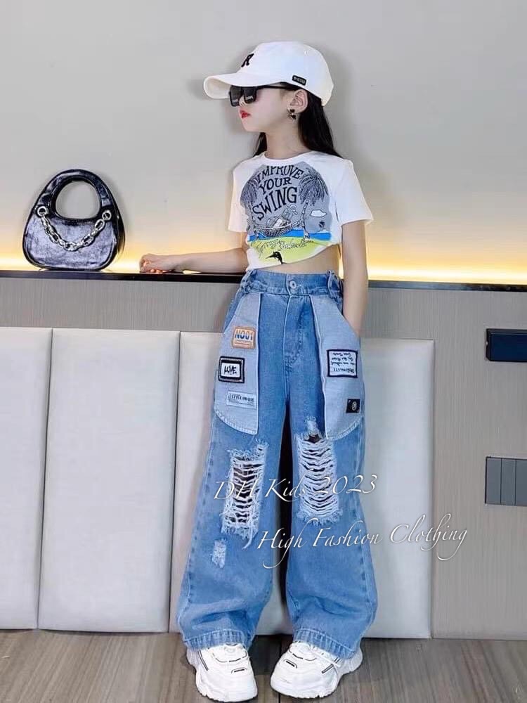 Bộ áo your swing quần bò rách cho bé gái