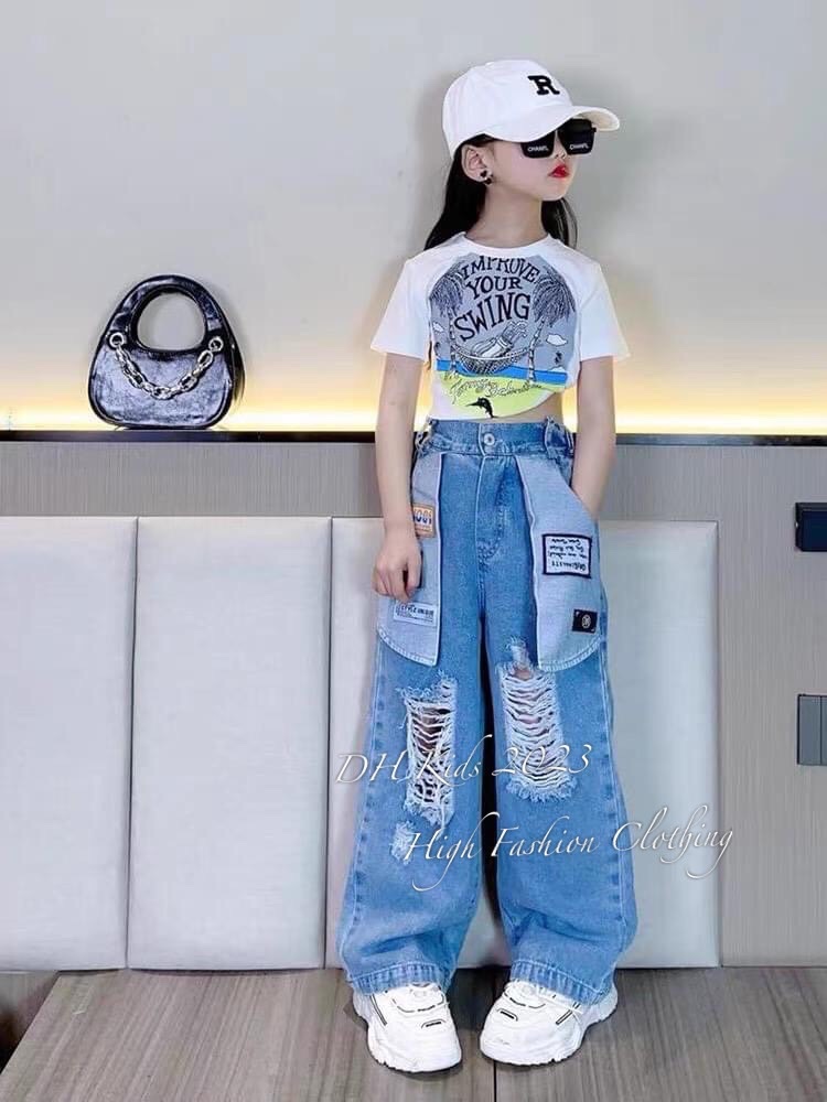 Bộ áo your swing quần bò rách cho bé gái