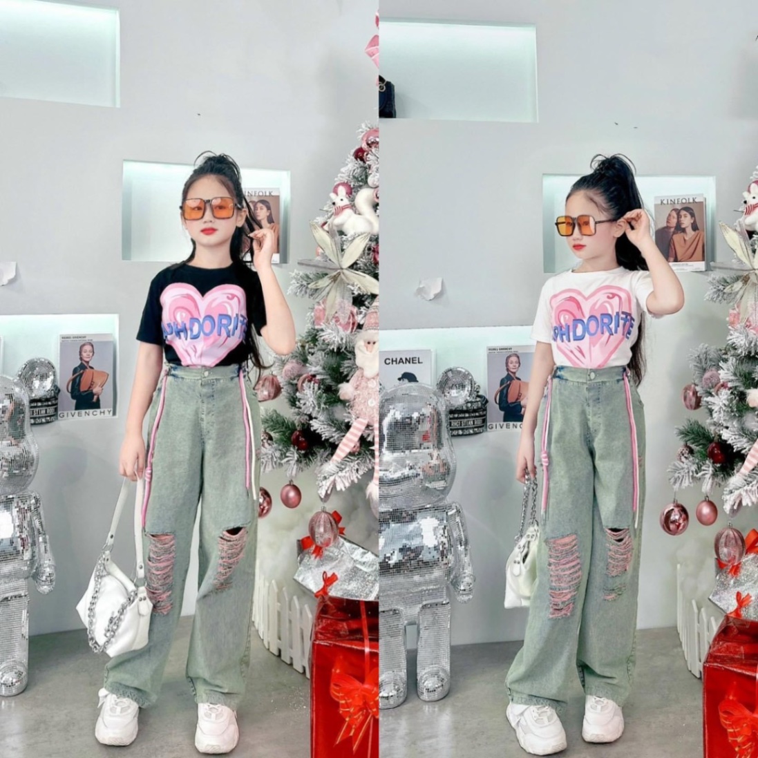 Sét áo tim quần bò rách dây hồng size 1-10