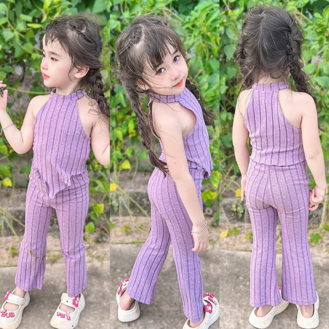 Sét áo tăm cổ yếm quần loe cho bé