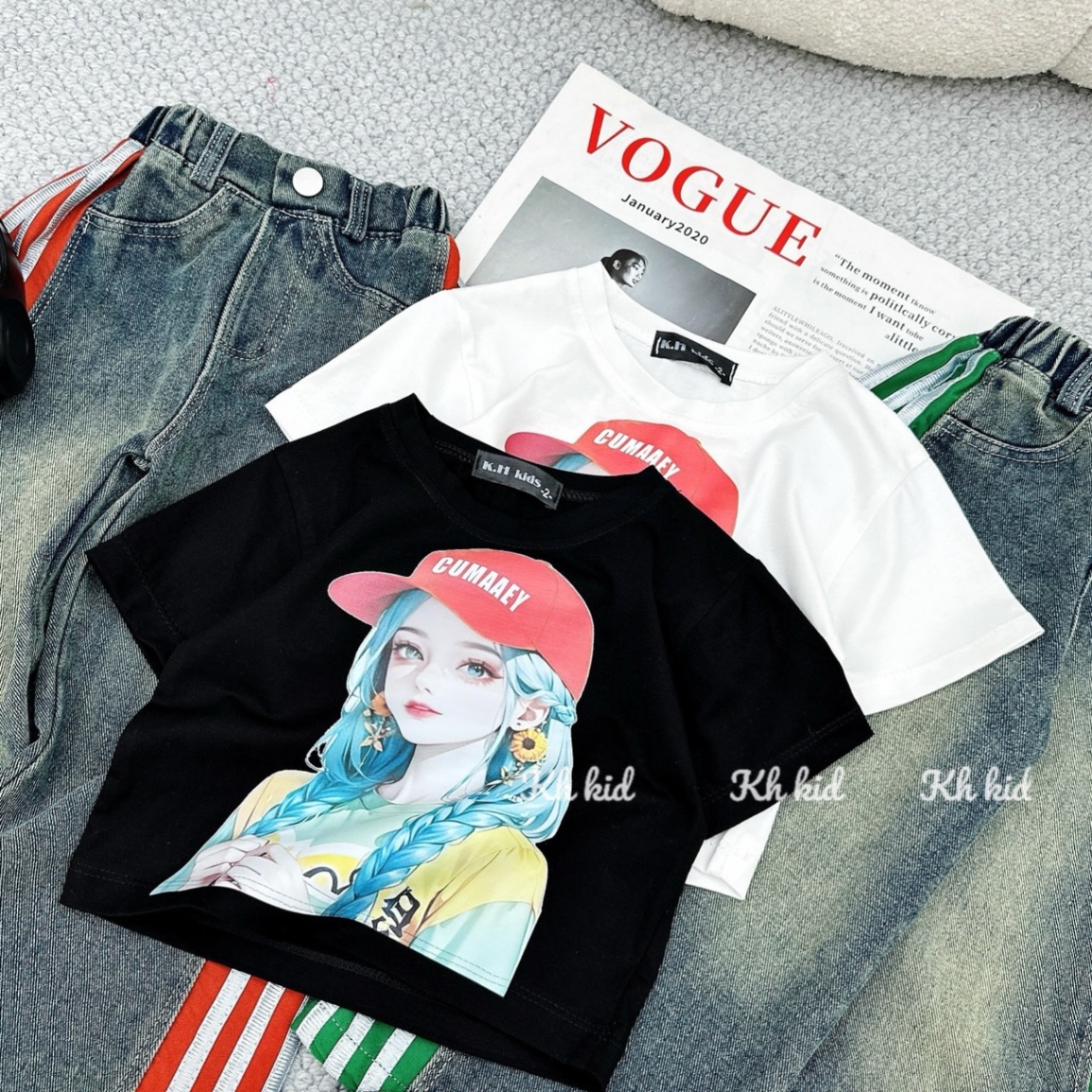 bộ áo coton cô gái quần bò cho bé