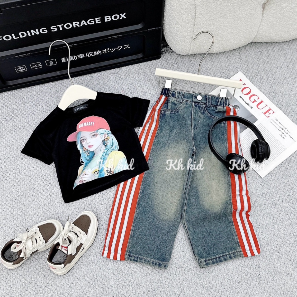 bộ áo coton cô gái quần bò cho bé