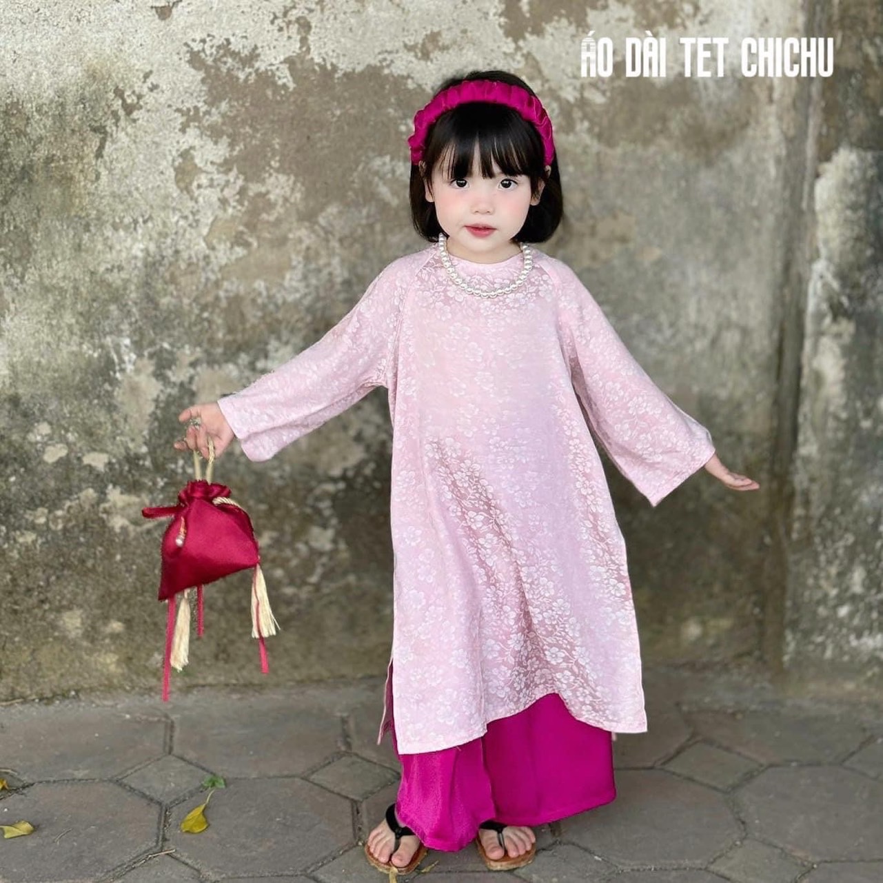 sét 4 chi tiết áo dài gấm hồng bé gái