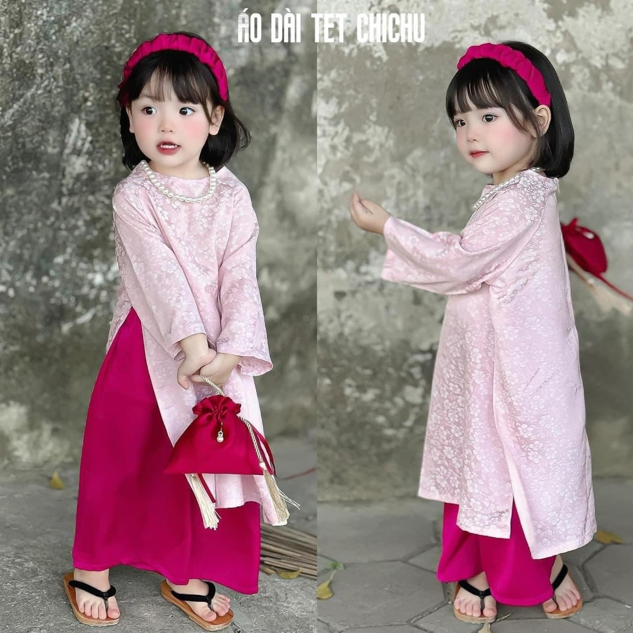 sét 4 chi tiết áo dài gấm hồng bé gái