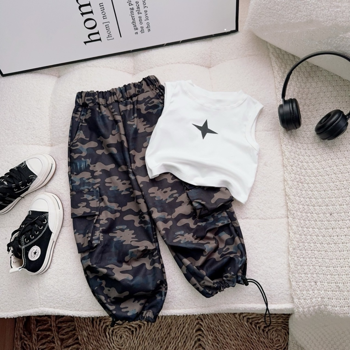 G43- áo tắng croptop quần hiphop rằn ri cho bé