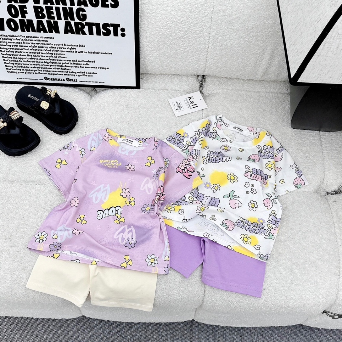 Sét bộ coton kèm mũ vành tím cho bé