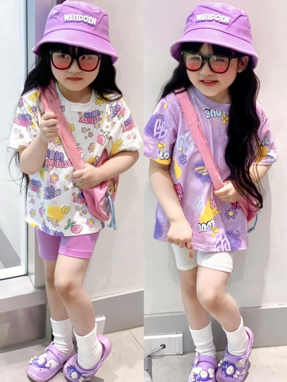 Sét bộ coton kèm mũ vành tím cho bé