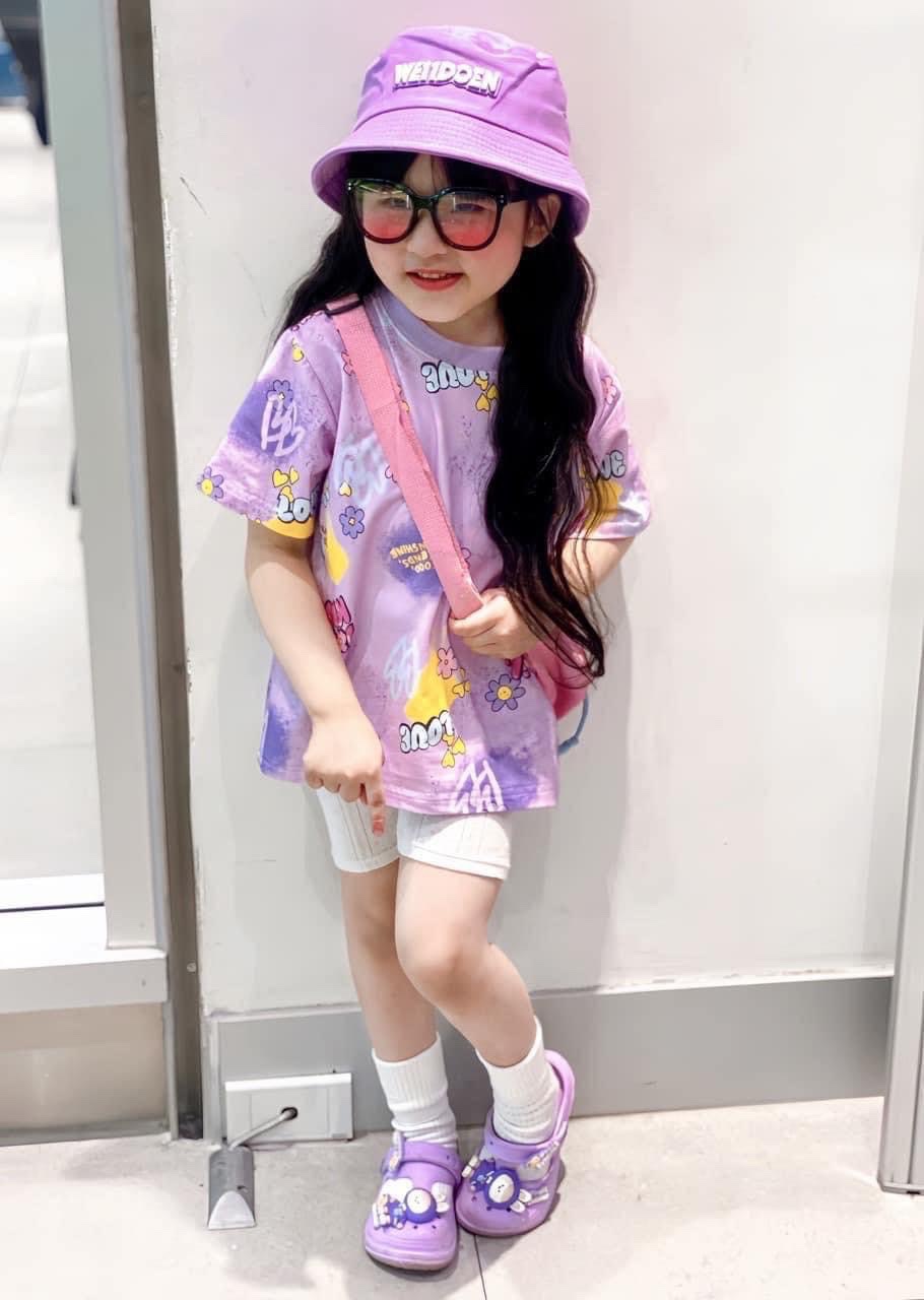 Sét bộ coton kèm mũ vành tím cho bé
