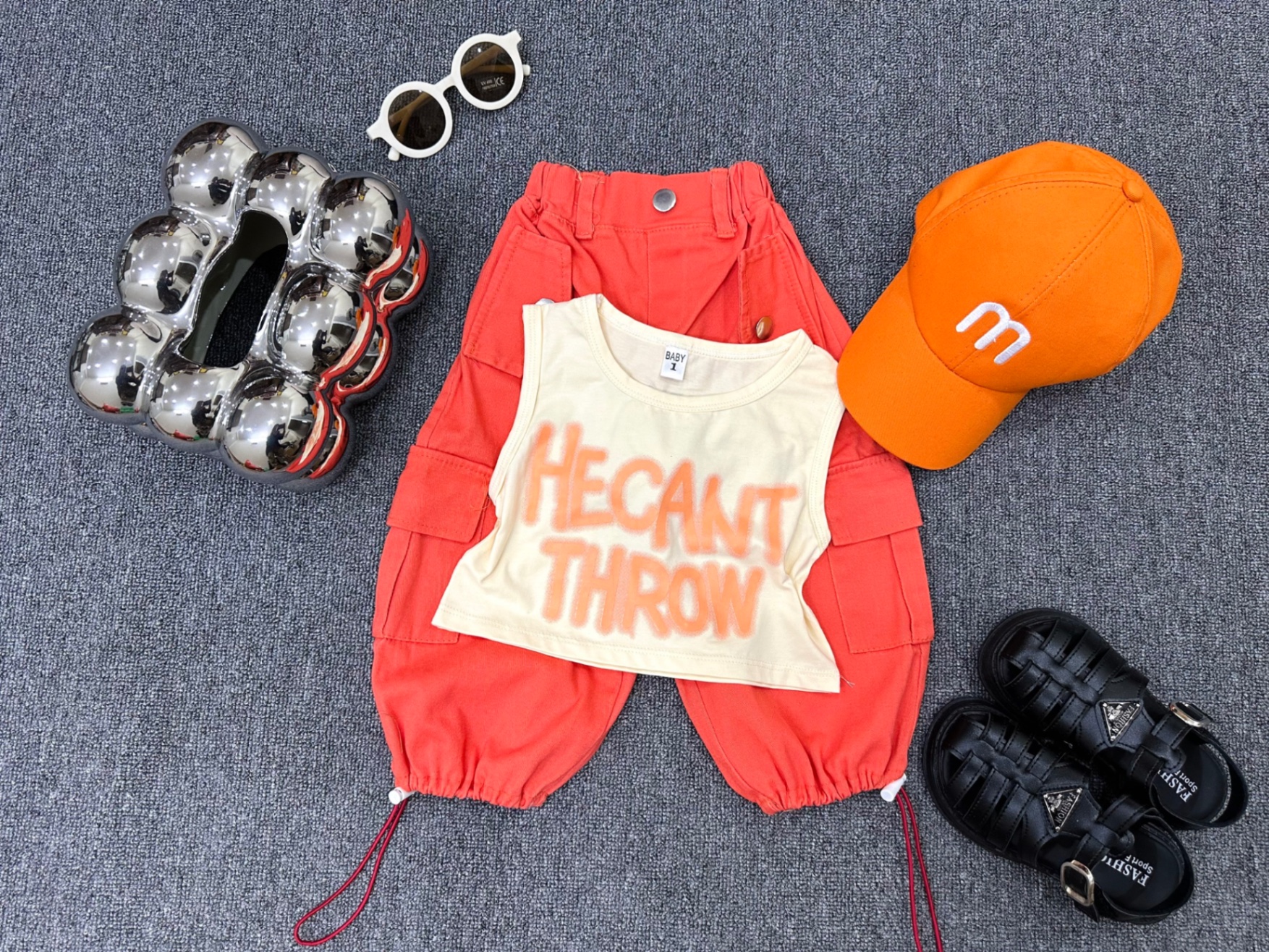 sét 3 chi tiết cam croptop kèm mũ cho bé