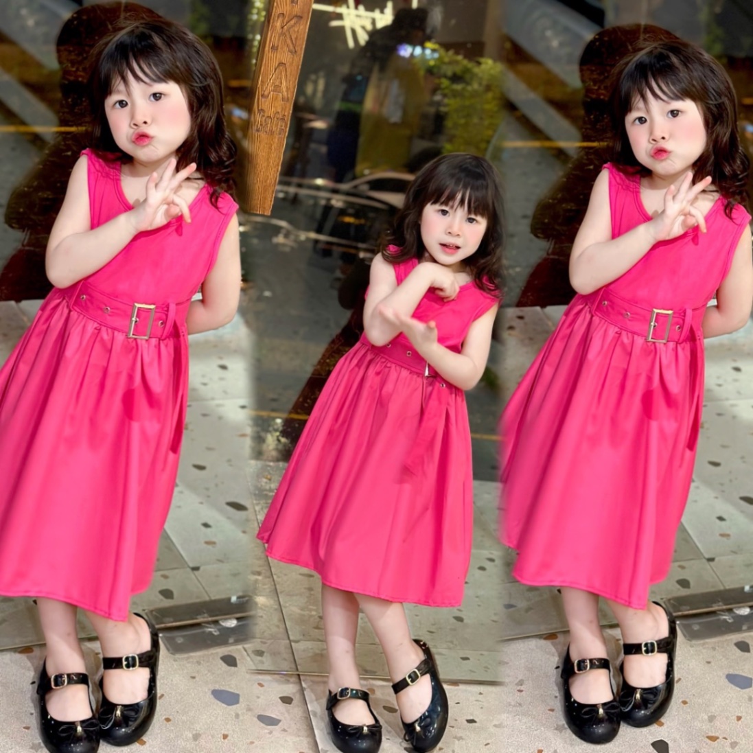 Váy cotton phối thân thô đai eo bé gái
