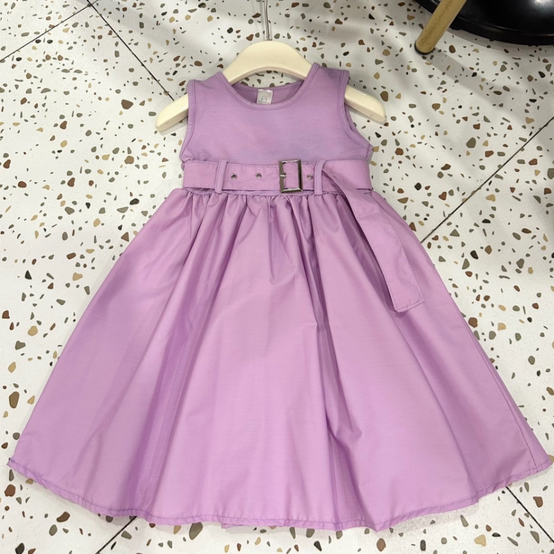 Váy cotton phối thân thô đai eo bé gái