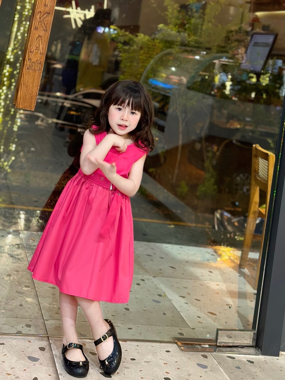 Váy cotton phối thân thô đai eo bé gái