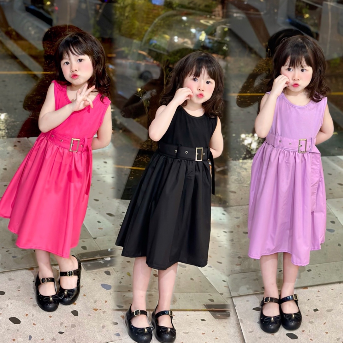 Váy cotton phối thân thô đai eo bé gái