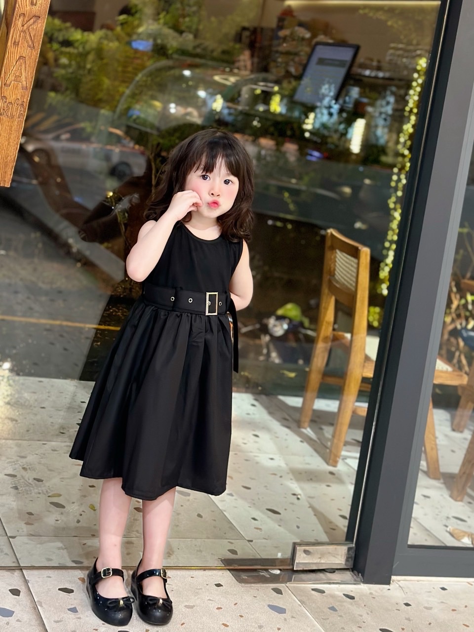 Váy cotton phối thân thô đai eo bé gái