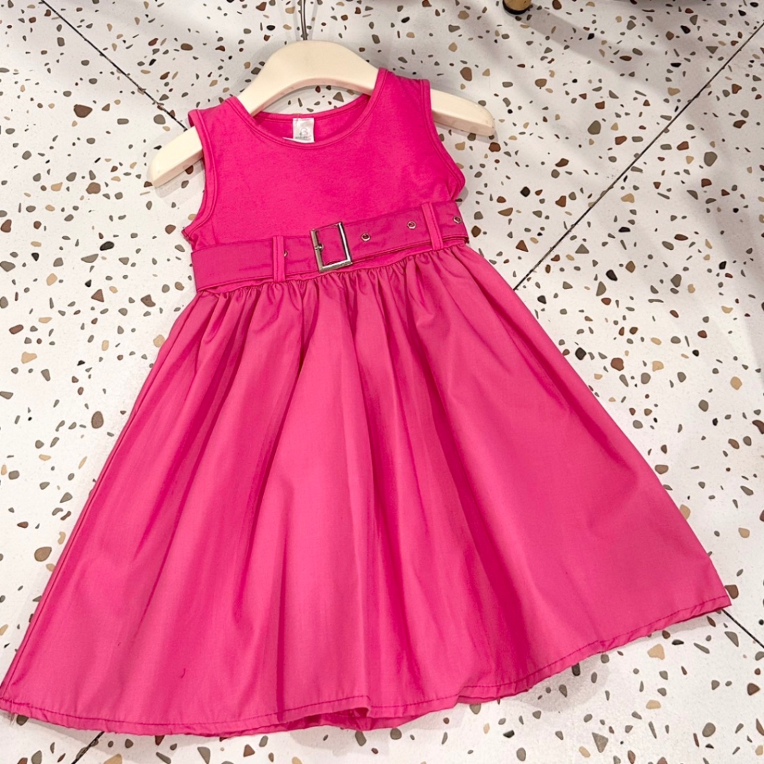 Váy cotton phối thân thô đai eo bé gái